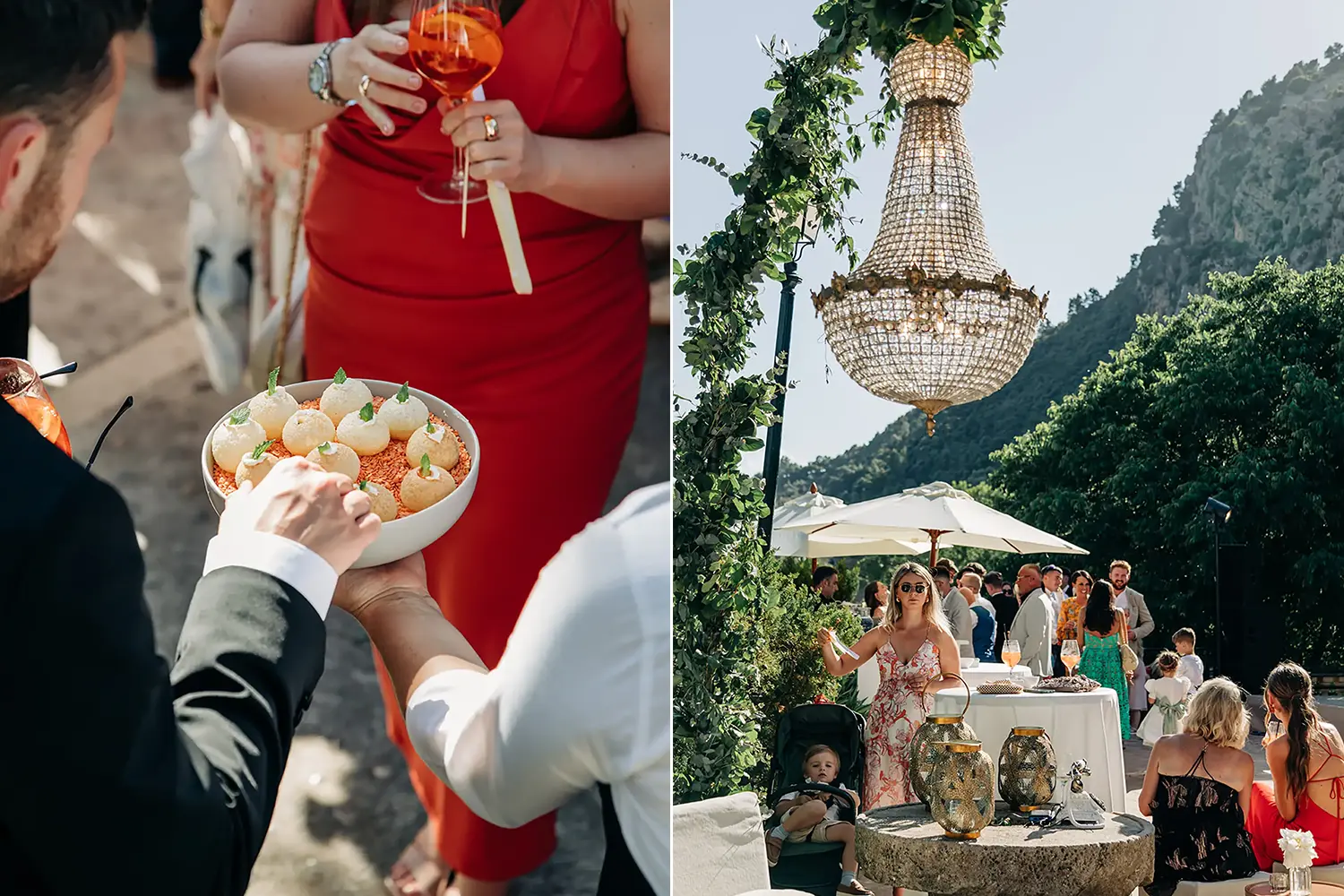 On the left: a guest selecting traditional food appetizers from a caterer. On the right: a vibrant photo of a wedding in Spain with a mountain backdrop, showcasing a sunny, colorful scene with guests enjoying the celebration.